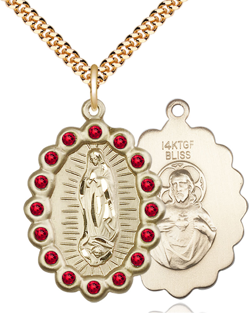 14kt Gold Filled Our Lady of Guadalupe Pendant with Ruby Swarovski stones on a 24 inch Gold Plate Heavy Curb chain