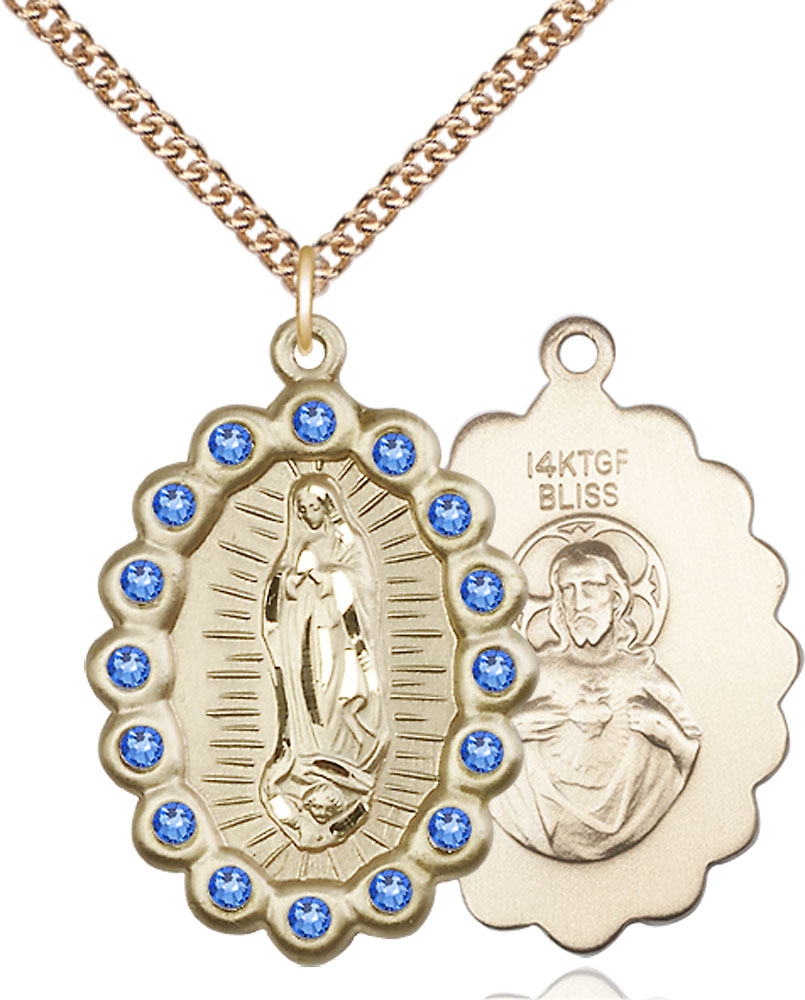 14kt Gold Filled Our Lady of Guadalupe Pendant with Sapphire Swarovski stones on a 24 inch Gold Filled Heavy Curb chain