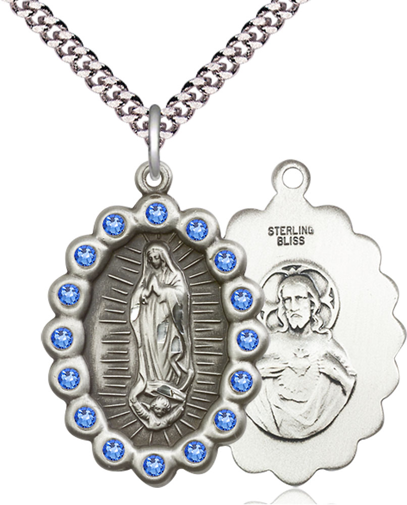 Sterling Silver Our Lady of Guadalupe Pendant with Sapphire Swarovski stones on a 24 inch Light Rhodium Heavy Curb chain