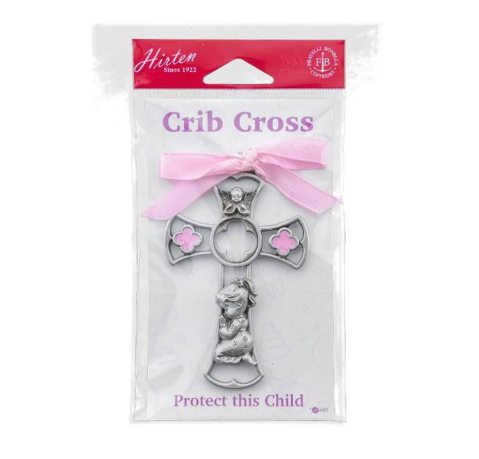 Genuine Pewter Baby Girl Cross with Pink Epoxy and Ribbon.