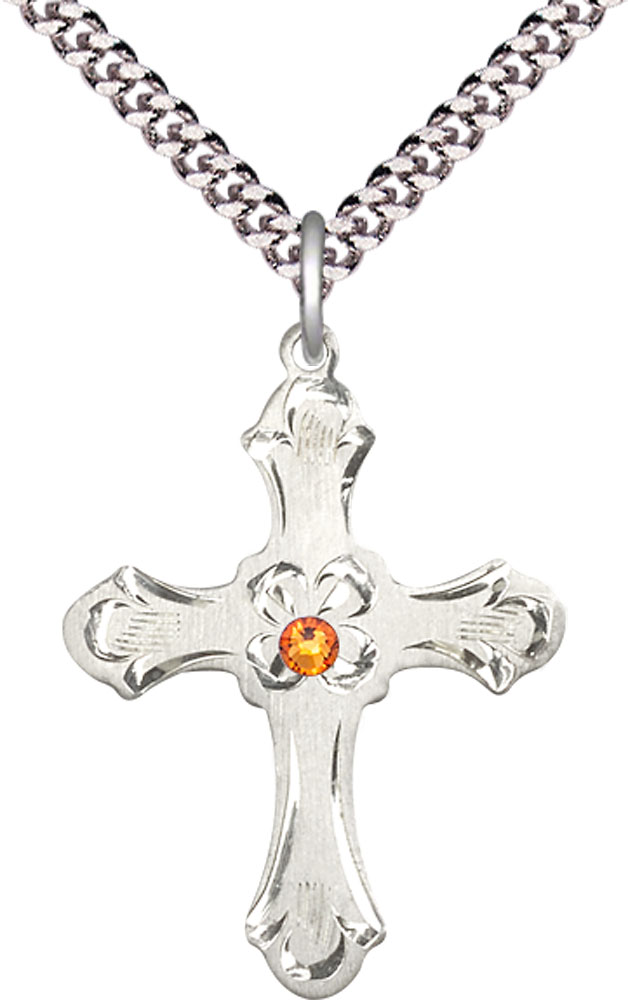 Sterling Silver Cross Pendant with a 3mm Topaz Swarovski stone on a 24 inch Light Rhodium Heavy Curb chain