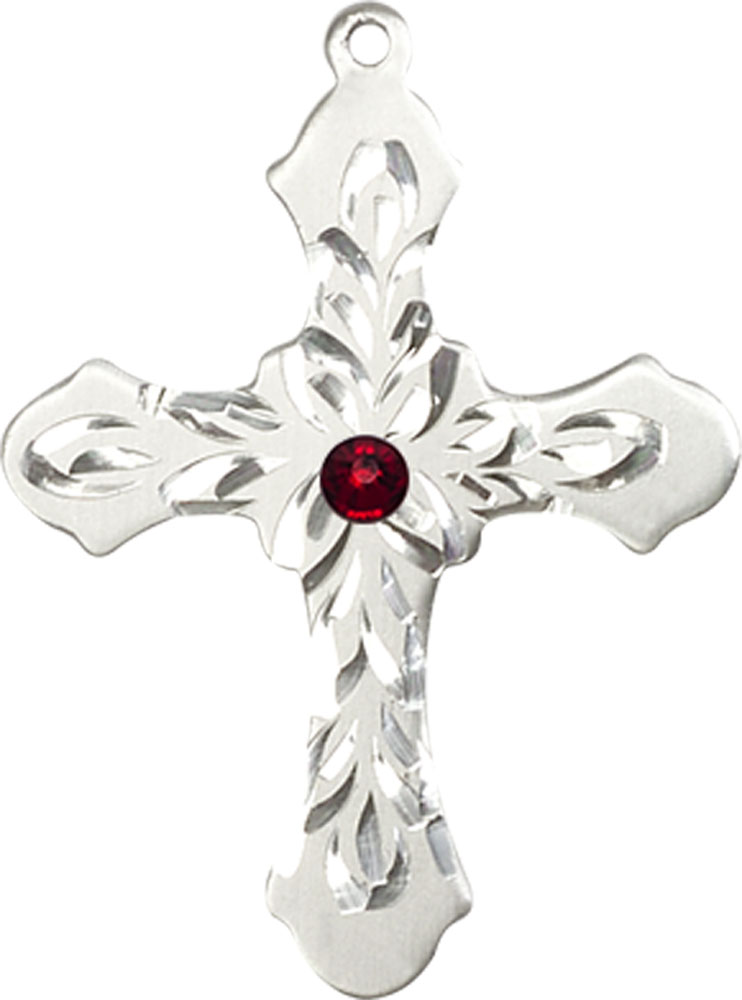 Sterling Silver Cross Medal with a 3mm Garnet Swarovski stone
