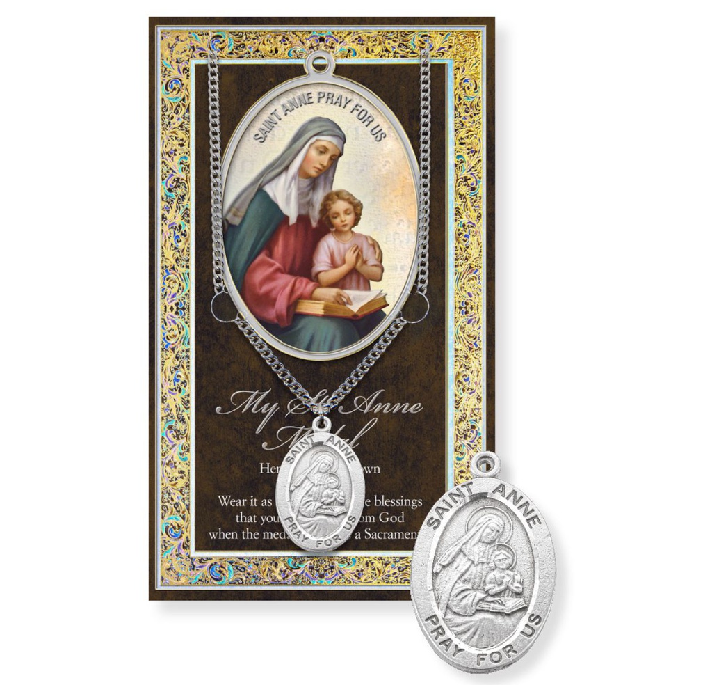 St. Anne Genuine Pewter Medal on a 24" Chain with Biography and Picture Folder