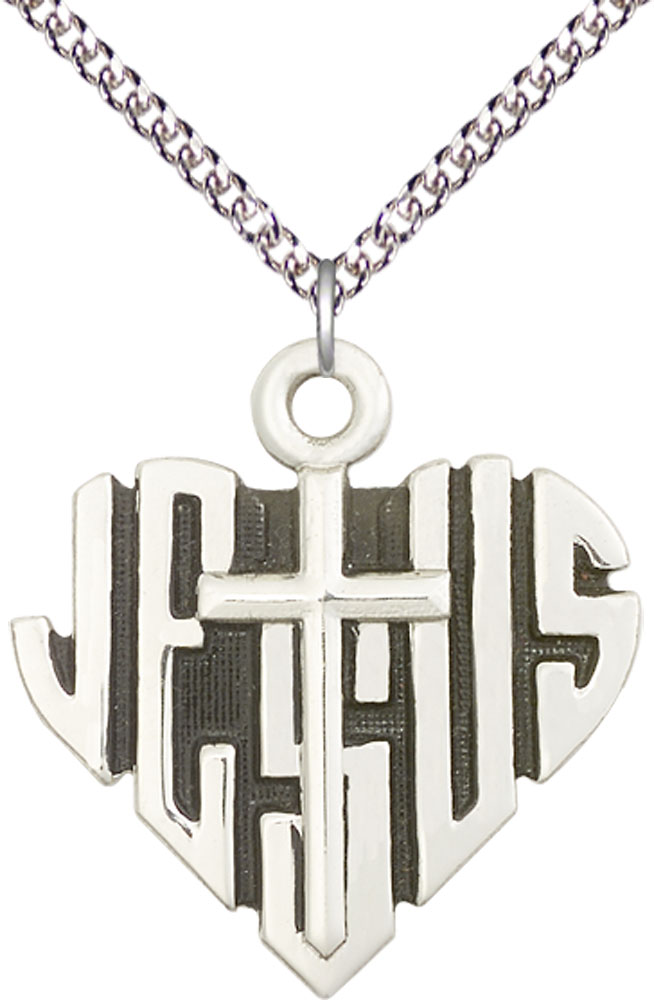 Sterling Silver Heart of Jesus w/Cross Pendant on a 24 inch Sterling Silver Heavy Curb chain