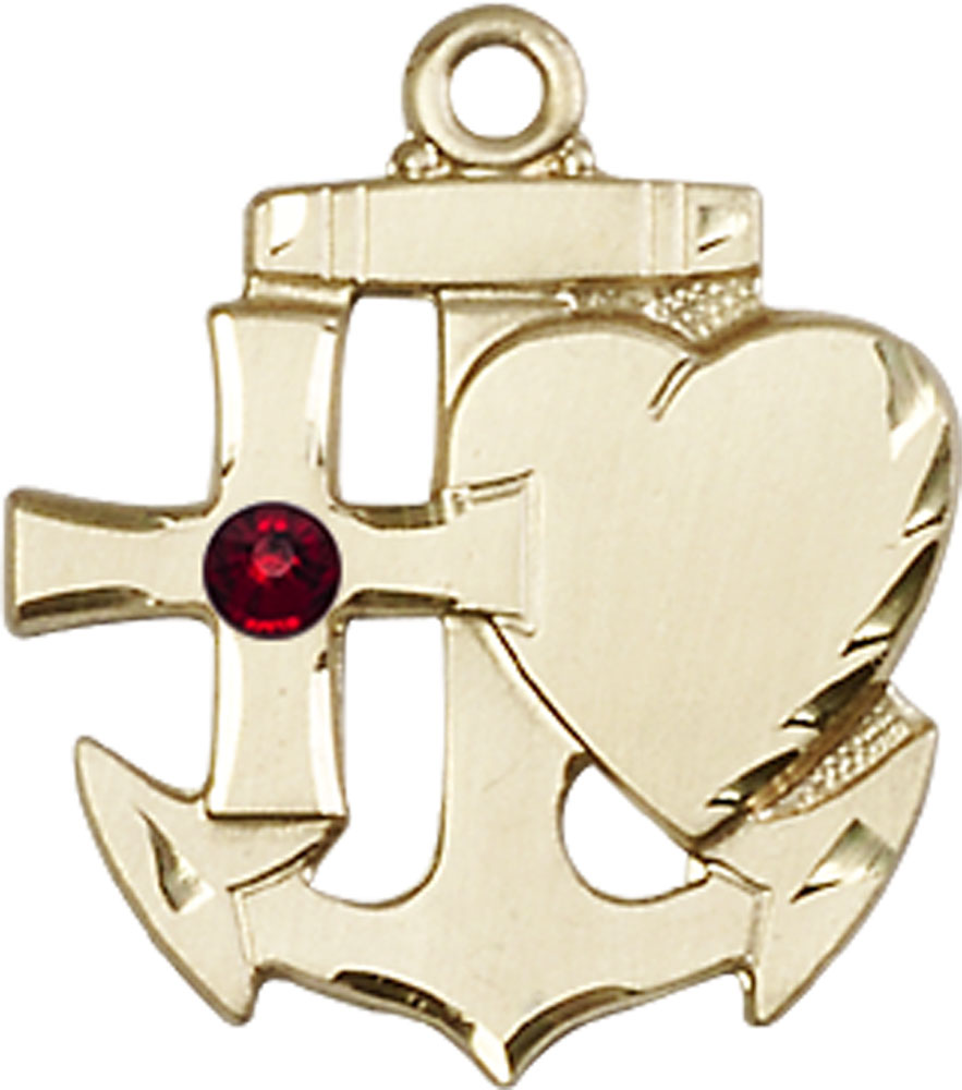 14kt Gold Filled Faith, Hope &amp; Charity Medal with a 3mm Garnet Swarovski stone