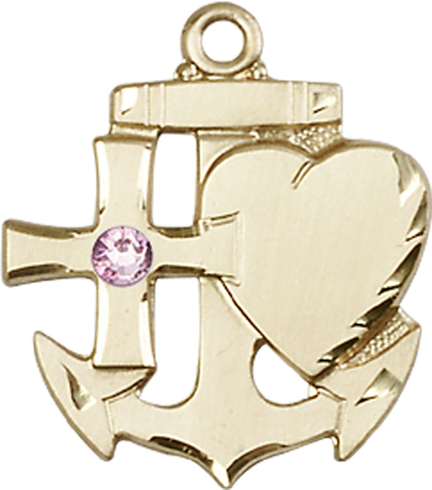 14kt Gold Filled Faith, Hope &amp; Charity Medal with a 3mm Light Amethyst Swarovski stone