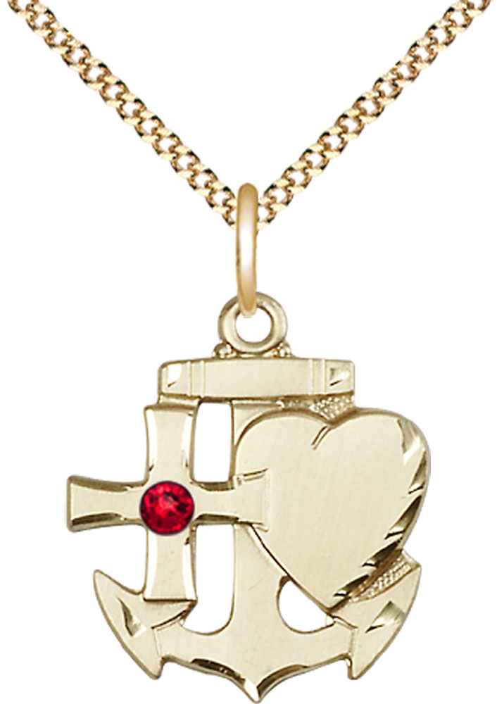 14kt Gold Filled Faith, Hope &amp; Charity Pendant with a 3mm Ruby Swarovski stone on a 18 inch Gold Plate Light Curb chain