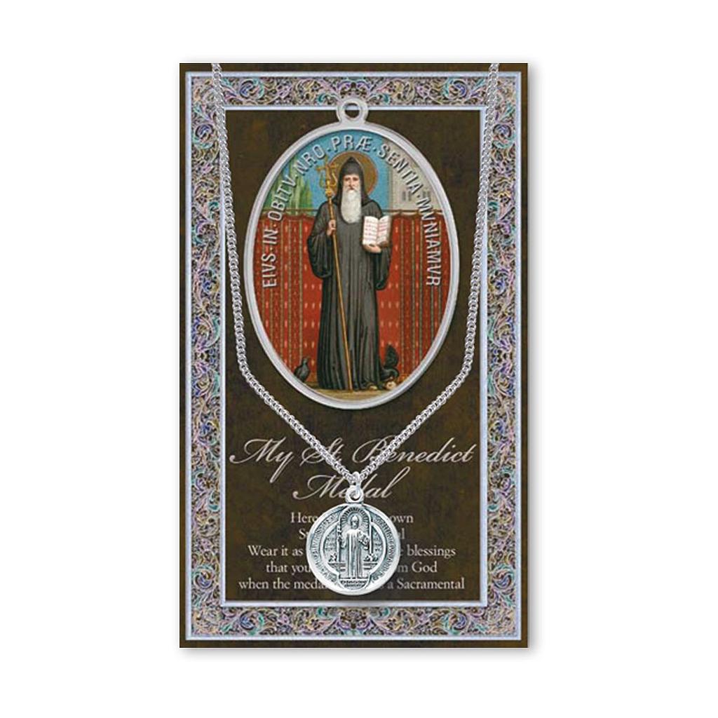 St. Benedict Genuine Pewter Medal on a 24" Chain with Biography and Picture Folder