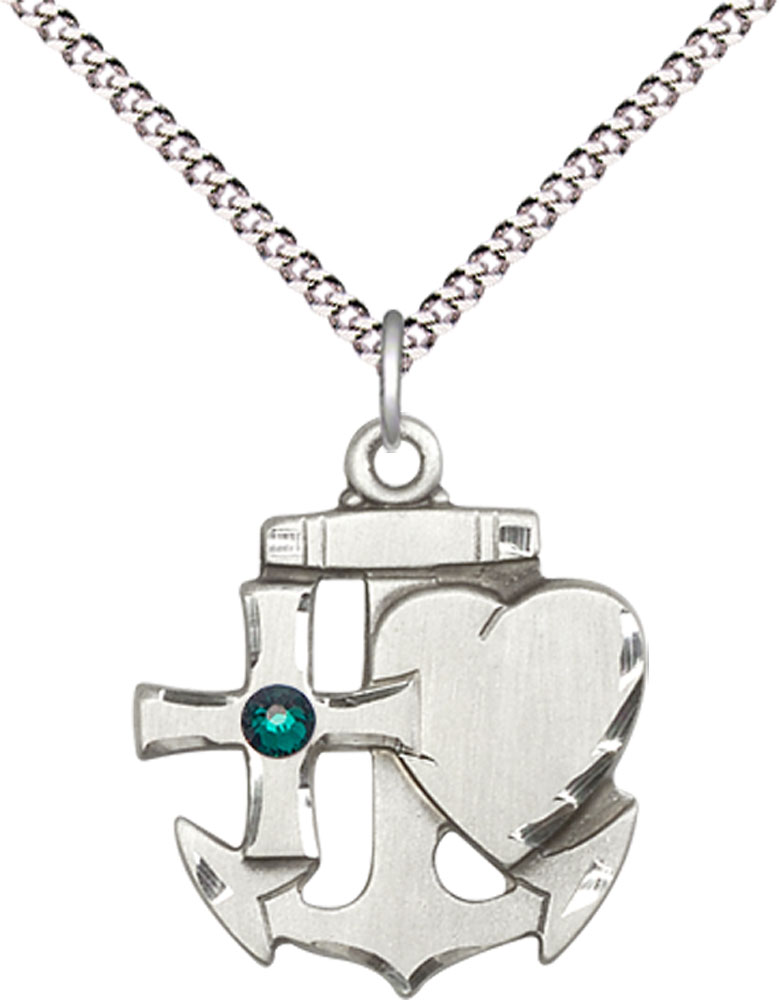 Sterling Silver Faith, Hope &amp; Charity Pendant with a 3mm Emerald Swarovski stone on a 18 inch Light Rhodium Light Curb chain