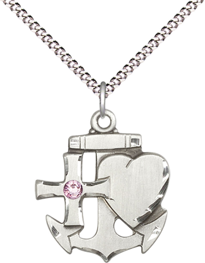 Sterling Silver Faith, Hope &amp; Charity Pendant with a 3mm Light Amethyst Swarovski stone on a 18 inch Light Rhodium Light Curb chain