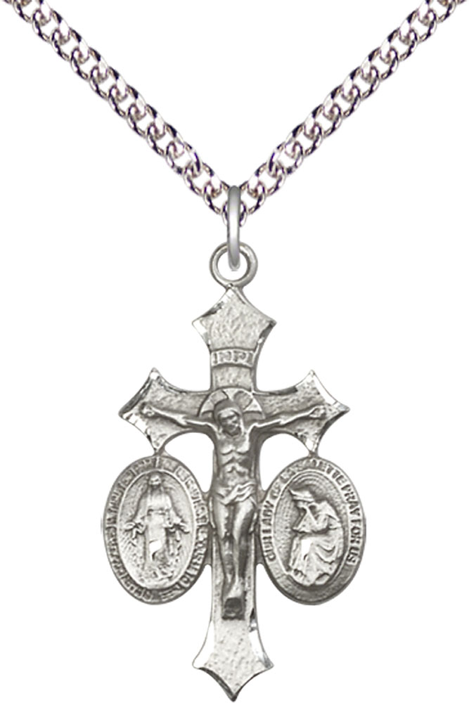 Sterling Silver Jesus, Mary, Our Lady of La Salette Pendant on a 24 inch Sterling Silver Heavy Curb chain