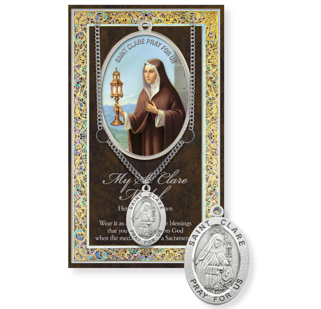 St. Clare Genuine Pewter Medal on a 24" Chain with Biography and Picture Folder