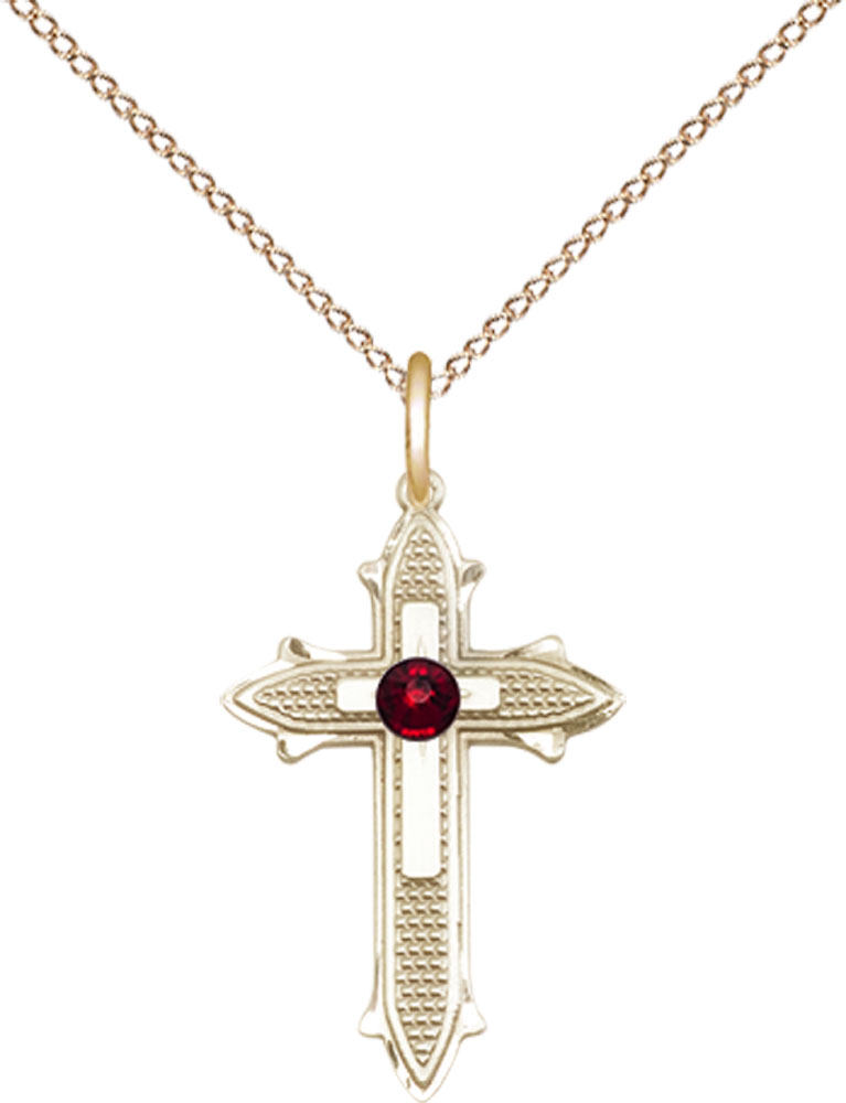 14kt Gold Filled Cross on Cross Pendant with a 3mm Garnet Swarovski stone on a 18 inch Gold Filled Light Curb chain