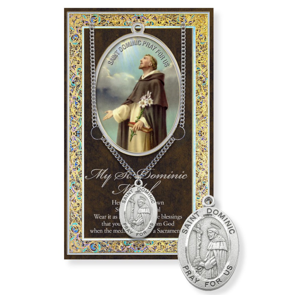 St. Dominic Genuine Pewter Medal on a 24" Chain with Biography and Picture Folder