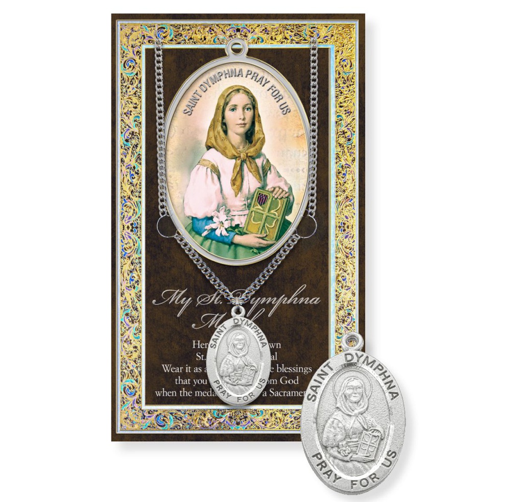St. Dymphna Genuine Pewter Medal on a 24" Chain with Biography and Picture Folder