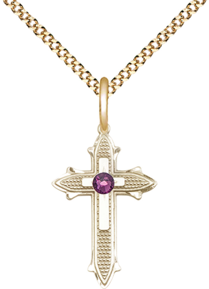 14kt Gold Filled Cross on Cross Pendant with a 3mm Amethyst Swarovski stone on a 18 inch Gold Plate Light Curb chain