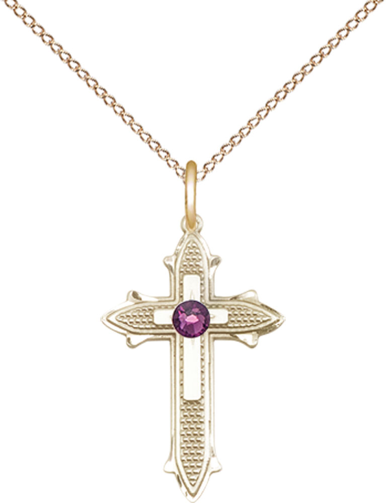 14kt Gold Filled Cross on Cross Pendant with a 3mm Amethyst Swarovski stone on a 18 inch Gold Filled Light Curb chain