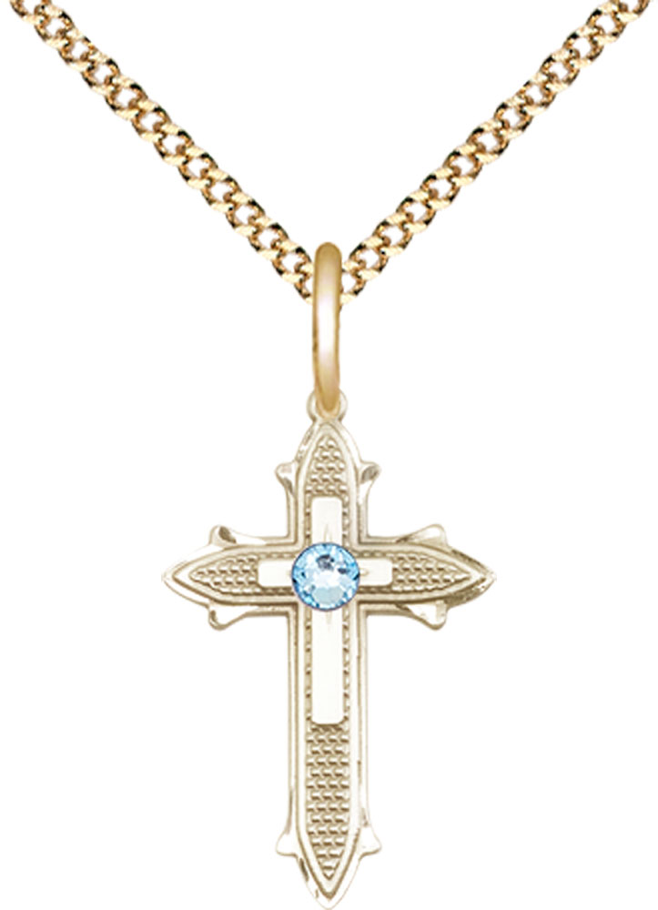 14kt Gold Filled Cross on Cross Pendant with a 3mm Aqua Swarovski stone on a 18 inch Gold Plate Light Curb chain