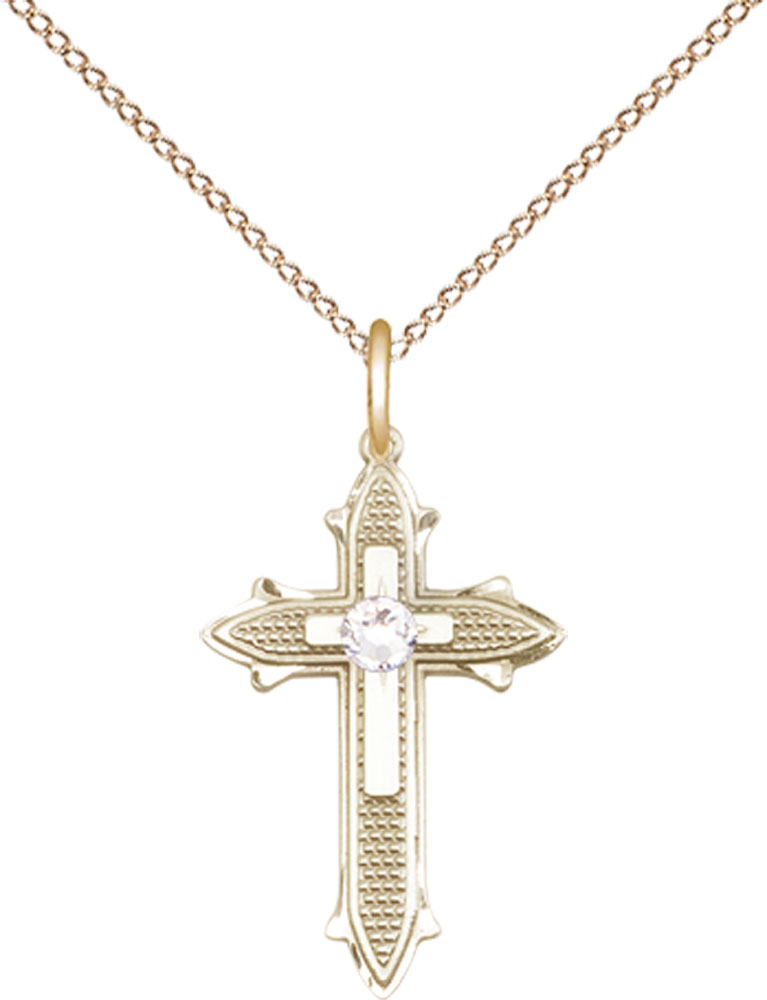 14kt Gold Filled Cross on Cross Pendant with a 3mm Crystal Swarovski stone on a 18 inch Gold Filled Light Curb chain