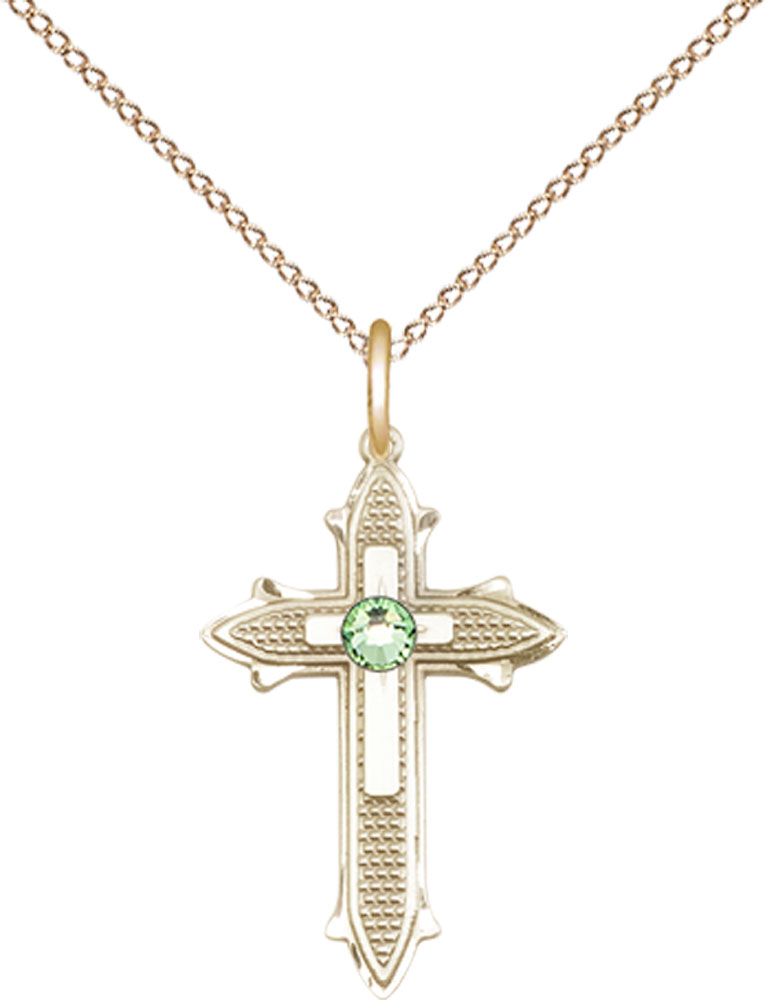 14kt Gold Filled Cross on Cross Pendant with a 3mm Peridot Swarovski stone on a 18 inch Gold Filled Light Curb chain