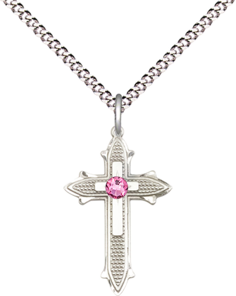 Sterling Silver Cross on Cross Pendant with a 3mm Rose Swarovski stone on a 18 inch Light Rhodium Light Curb chain