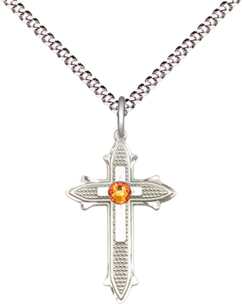 Sterling Silver Cross on Cross Pendant with a 3mm Topaz Swarovski stone on a 18 inch Light Rhodium Light Curb chain