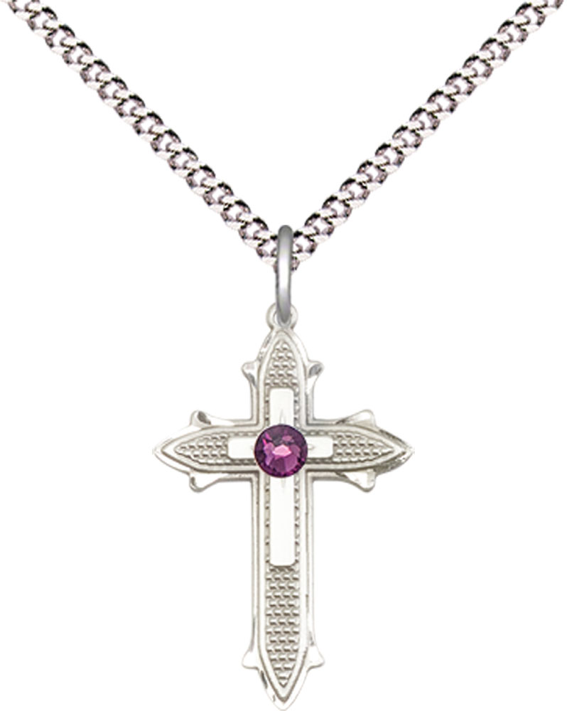 Sterling Silver Cross on Cross Pendant with a 3mm Amethyst Swarovski stone on a 18 inch Light Rhodium Light Curb chain