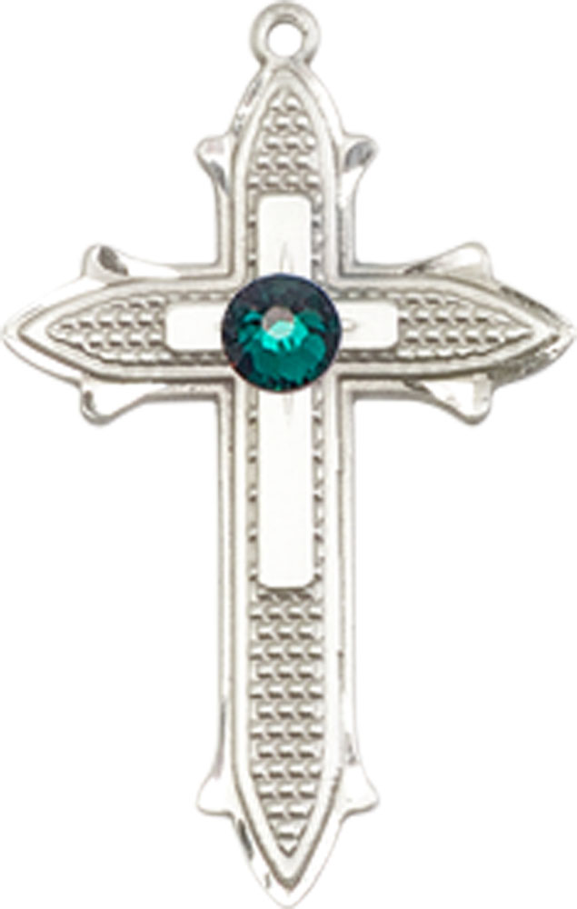 Sterling Silver Cross on Cross Medal with a 3mm Emerald Swarovski stone