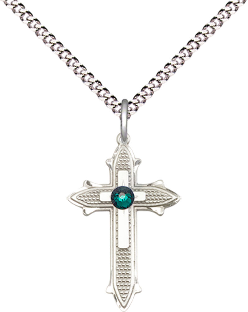Sterling Silver Cross on Cross Pendant with a 3mm Emerald Swarovski stone on a 18 inch Light Rhodium Light Curb chain