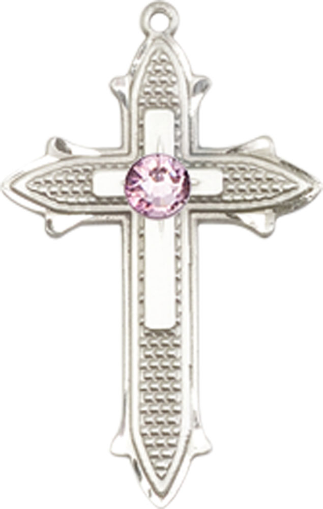 Sterling Silver Cross on Cross Medal with a 3mm Light Amethyst Swarovski stone