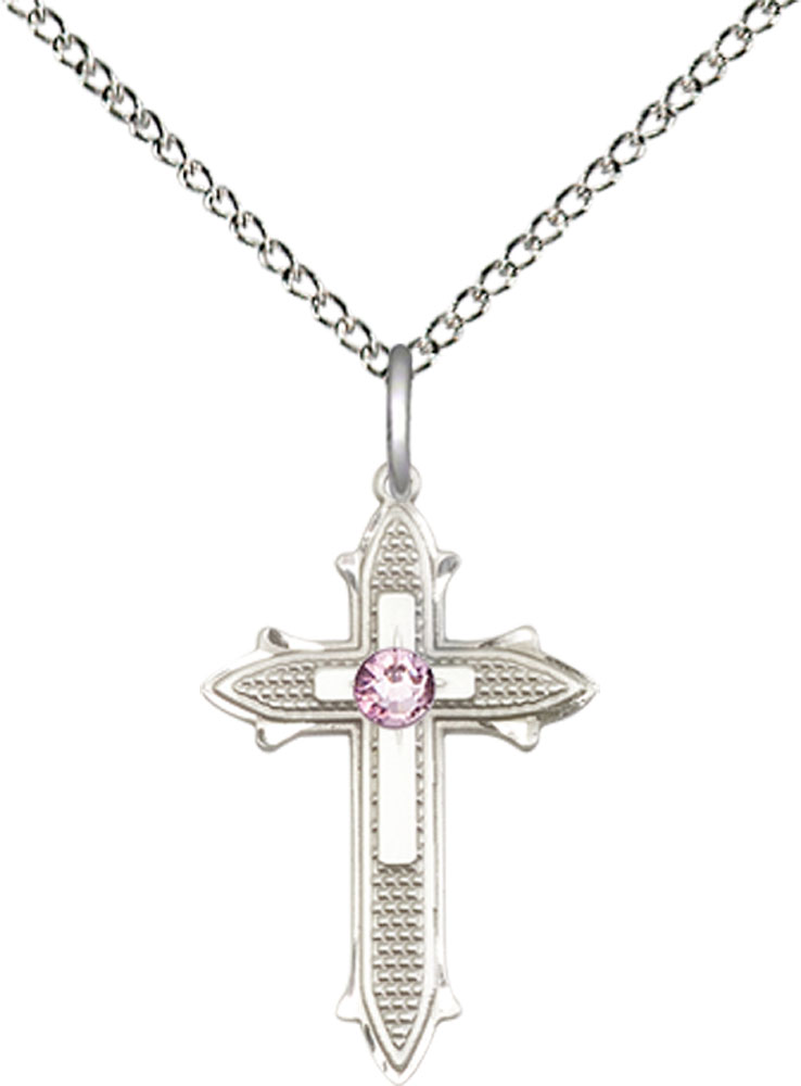 Sterling Silver Cross on Cross Pendant with a 3mm Light Amethyst Swarovski stone on a 18 inch Sterling Silver Light Curb chain