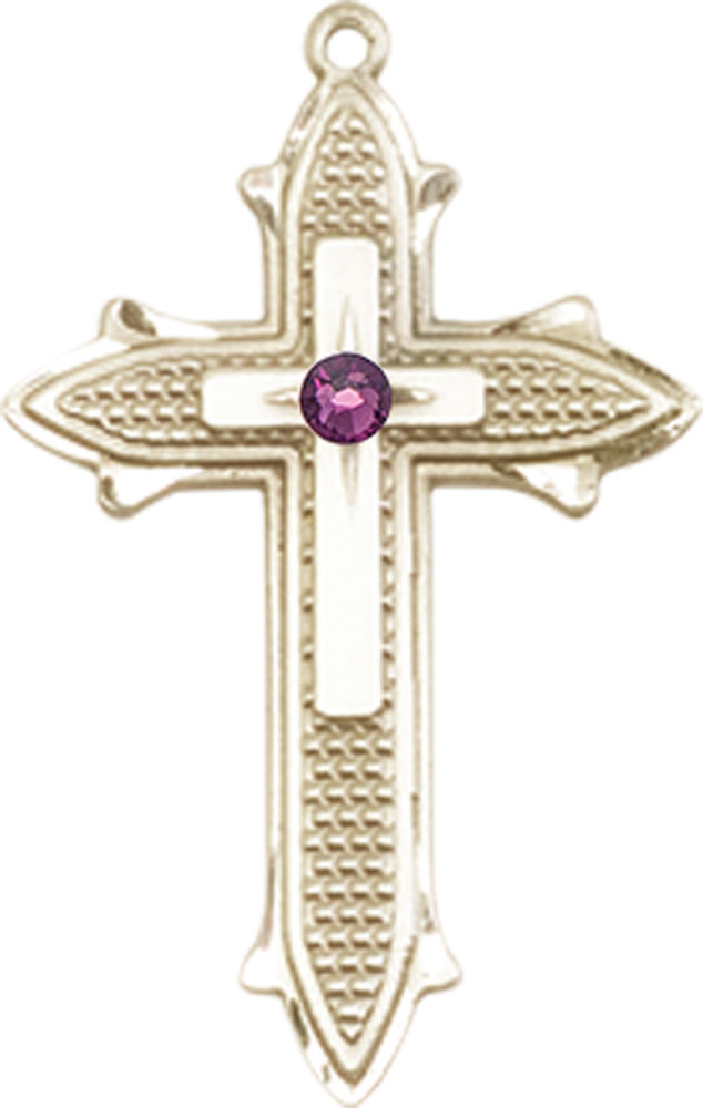 14kt Gold Cross on Cross Medal with a 3mm Amethyst Swarovski stone