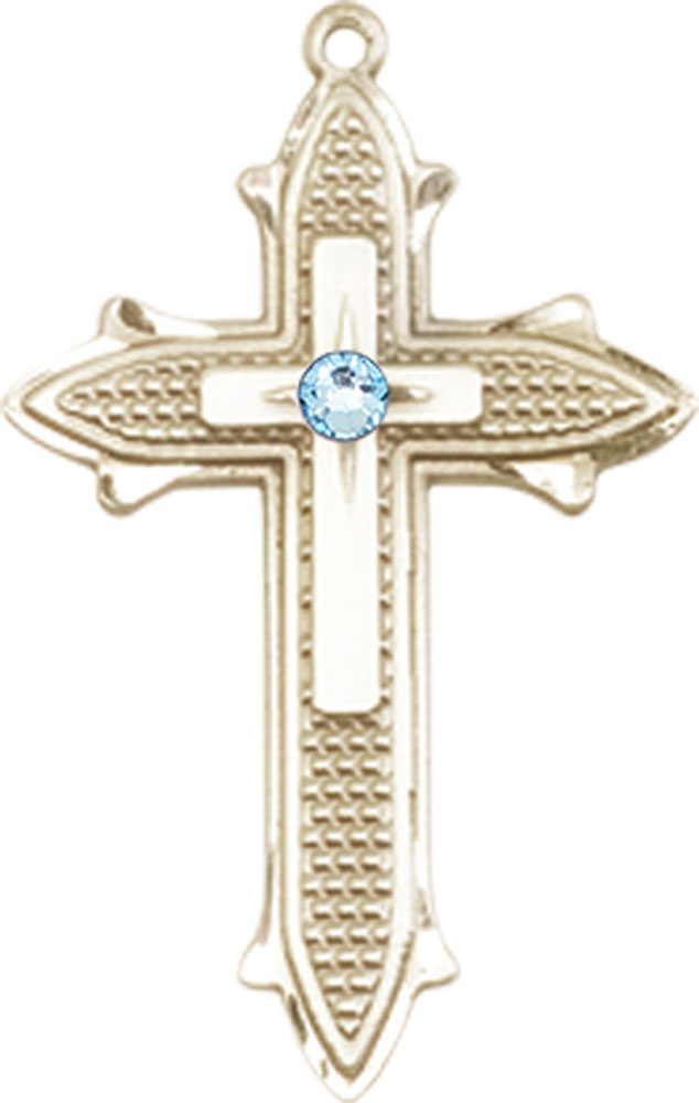 14kt Gold Cross on Cross Medal with a 3mm Aqua Swarovski stone