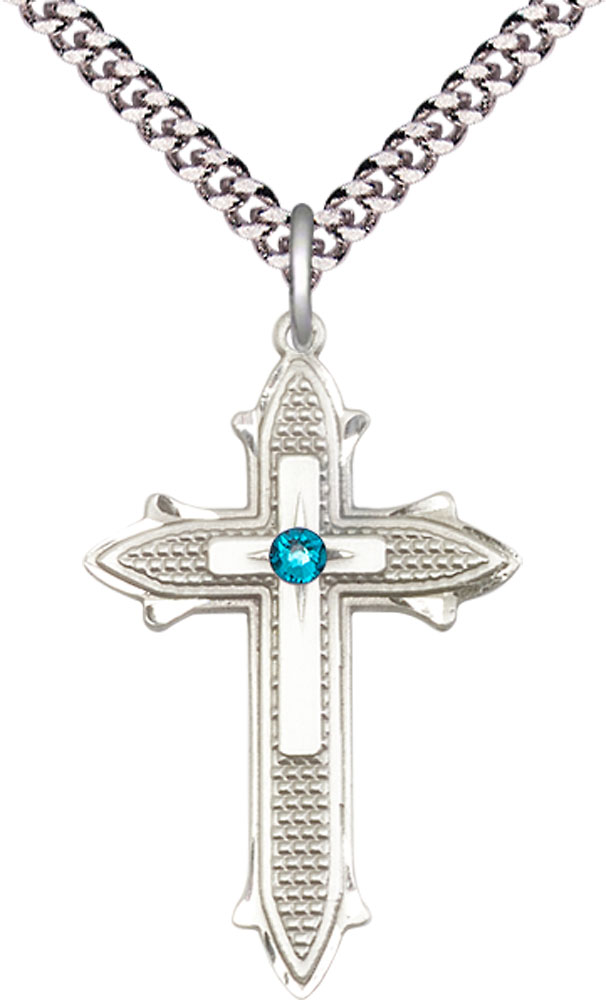 Sterling Silver Cross on Cross Pendant with a 3mm Zircon Swarovski stone on a 24 inch Light Rhodium Heavy Curb chain