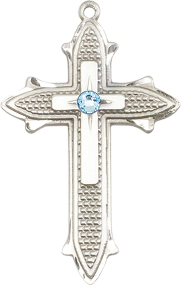 Sterling Silver Cross on Cross Medal with a 3mm Aqua Swarovski stone