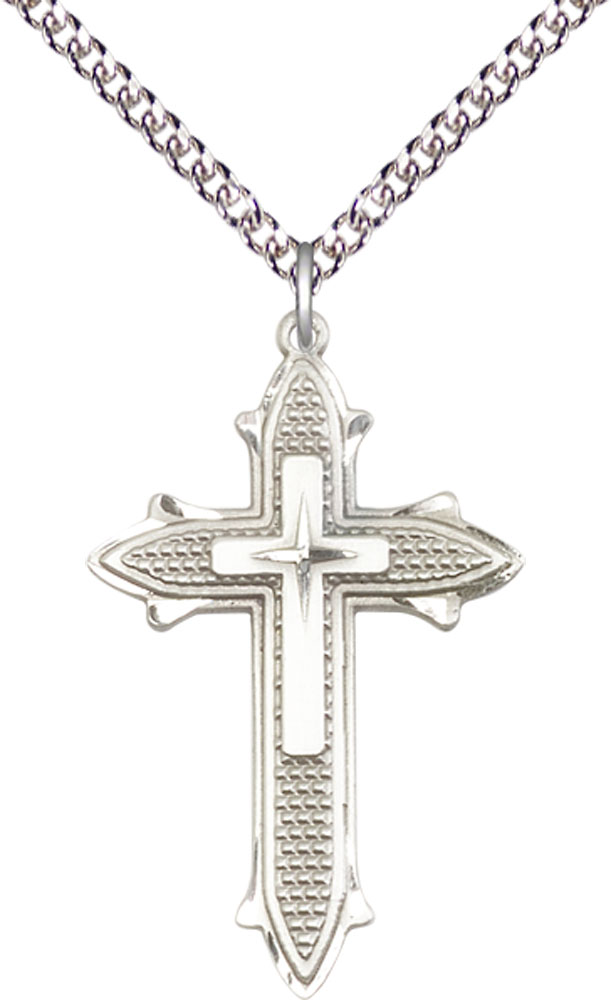 Sterling Silver Cross on Cross Pendant on a 24 inch Sterling Silver Heavy Curb chain