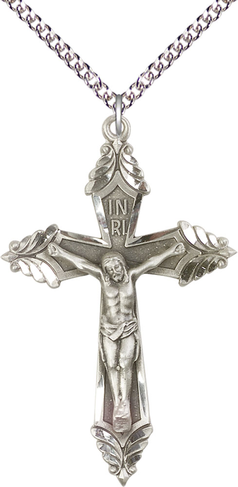 Sterling Silver Crucifix Pendant on a 24 inch Sterling Silver Heavy Curb chain