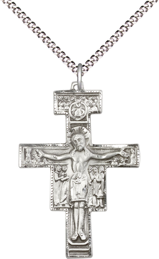 Sterling Silver San Damiano Crucifix Pendant on a 18 inch Light Rhodium Light Curb chain