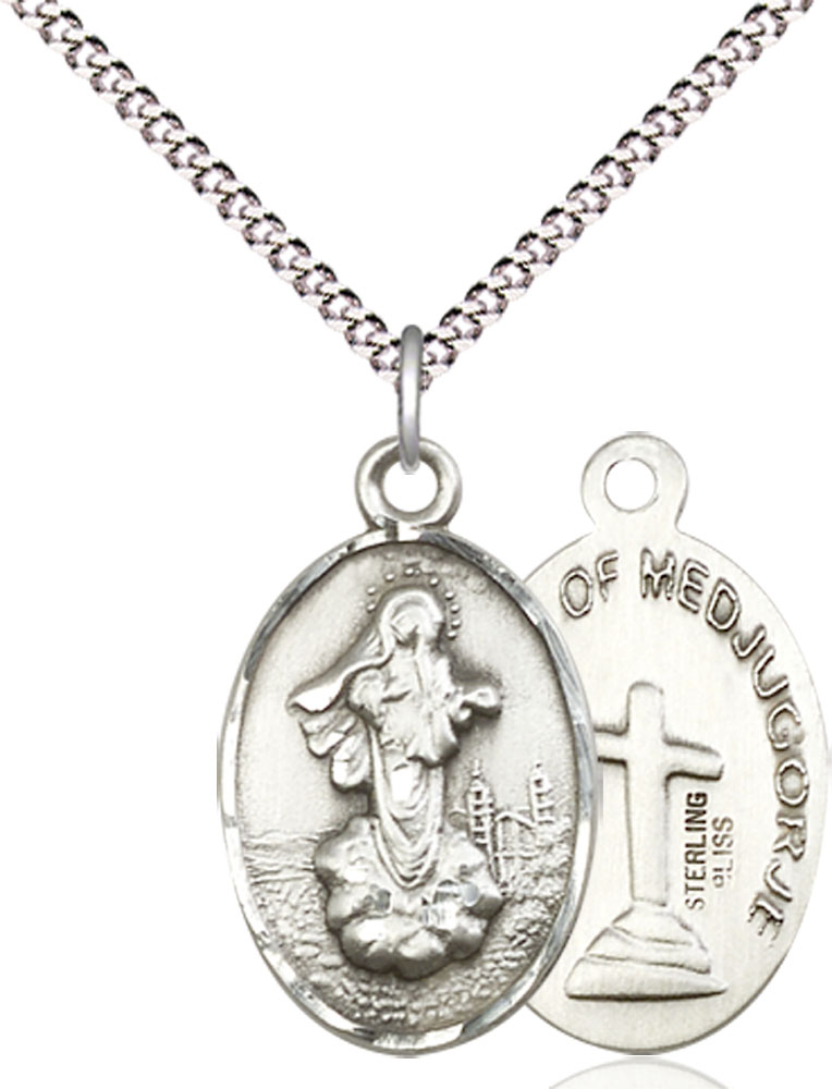 Sterling Silver Our Lady of Medugorje Pendant on a 18 inch Light Rhodium Light Curb chain