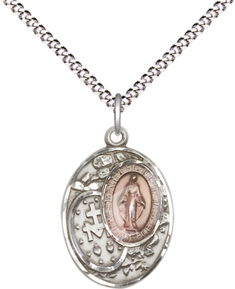 Sterling Silver Miraculous Pendant on a 18 inch Light Rhodium Light Curb chain
