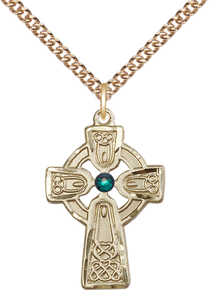 14kt Gold Filled Celtic Cross w/ Emerald Stone Pendant with a 3mm Emerald Swarovski stone on a 24 inch Gold Filled Heavy Curb chain