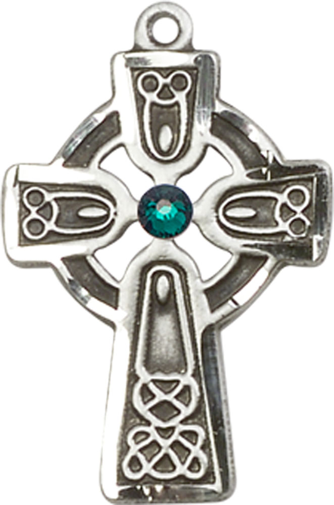Sterling Silver Celtic Cross w/ Emerald Stone Medal with a 3mm Emerald Swarovski stone