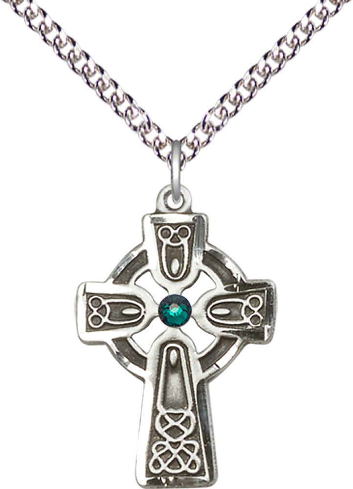 Sterling Silver Celtic Cross w/ Emerald Stone Pendant with a 3mm Emerald Swarovski stone on a 24 inch Sterling Silver Heavy Curb chain