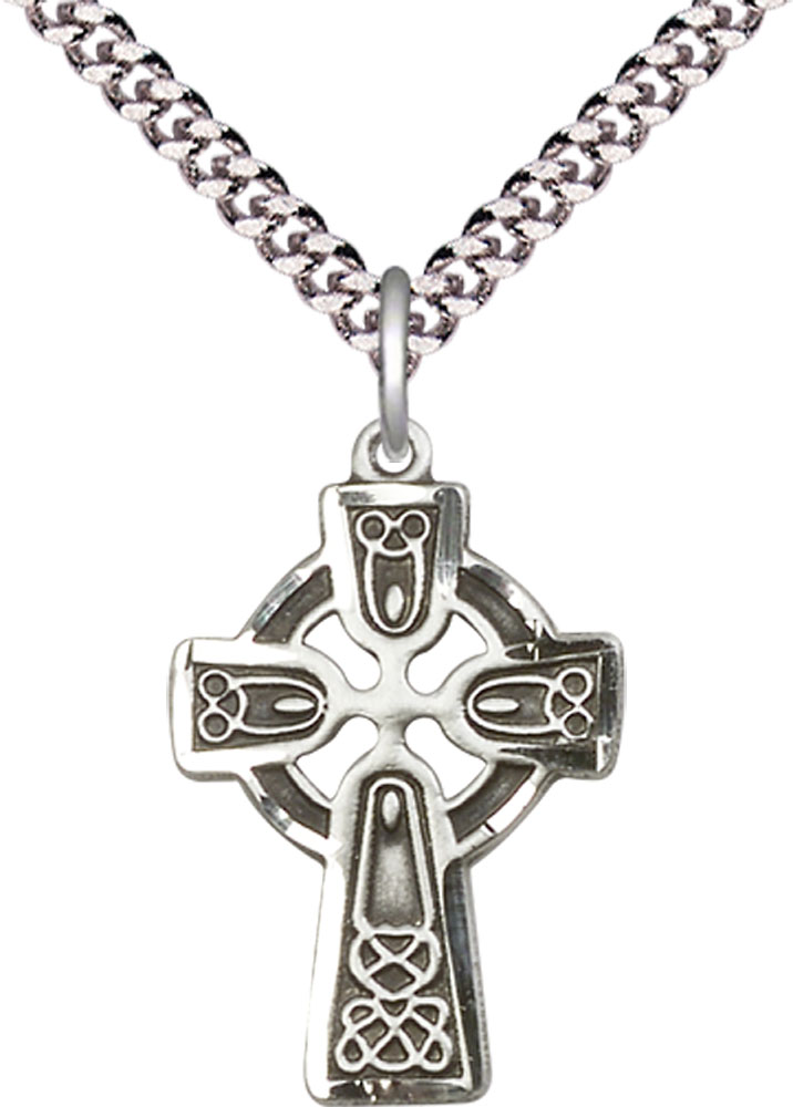 Sterling Silver Celtic Cross Pendant on a 24 inch Light Rhodium Heavy Curb chain