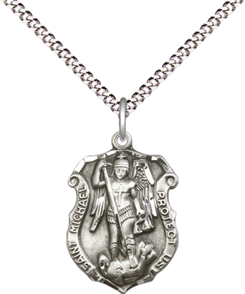 Sterling Silver Saint Michael the Archangel Shield Pendant on a 18 inch Light Rhodium Light Curb chain