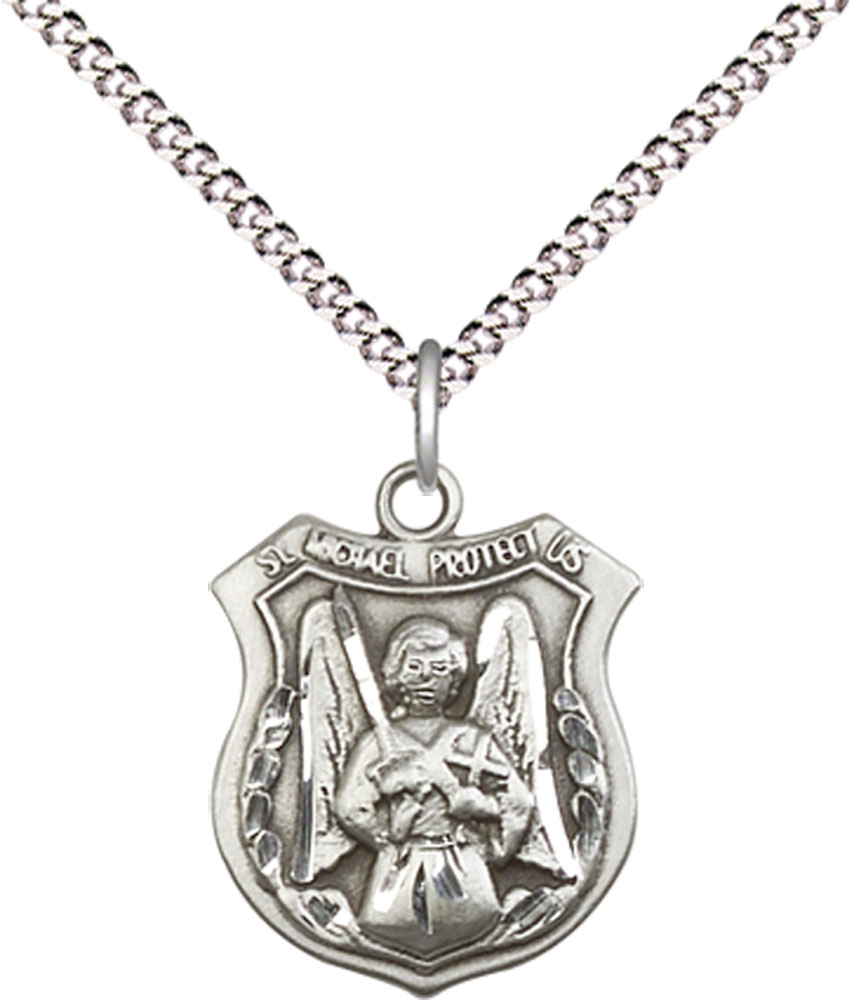 Sterling Silver Saint Michael the Archangel Pendant on a 18 inch Light Rhodium Light Curb chain
