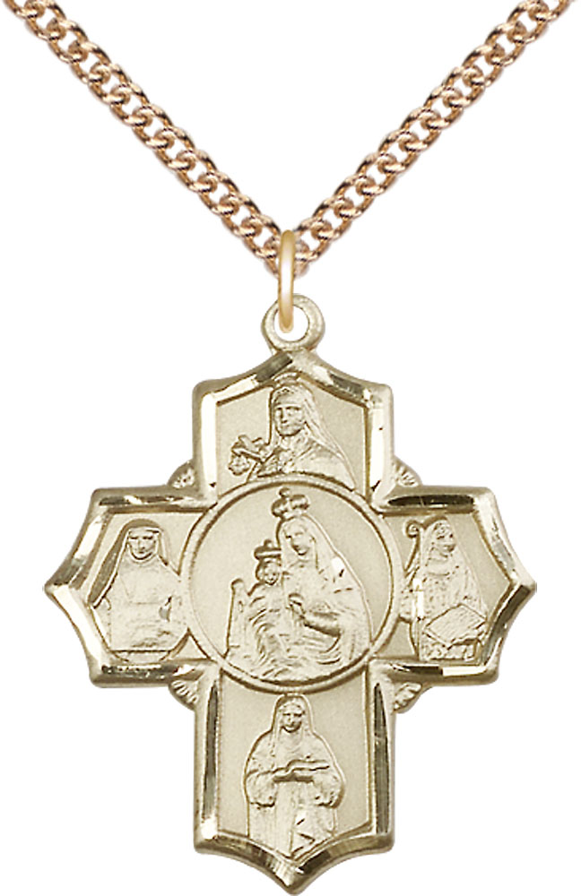 14kt Gold Filled Our Lady of Mount Carmel 4-Way Pendant on a 24 inch Gold Filled Heavy Curb chain