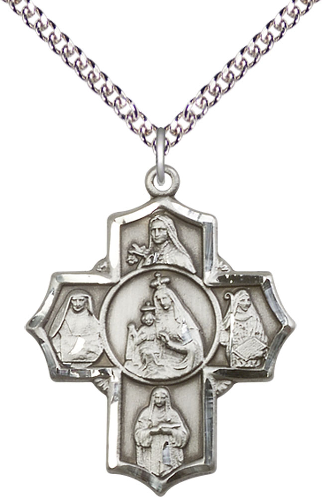 Sterling Silver Our Lady of Mount Carmel 4-Way Pendant on a 24 inch Sterling Silver Heavy Curb chain