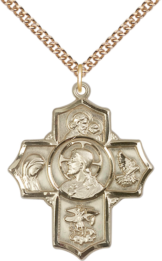 14kt Gold Filled Sacred Heart 5-Way Pendant on a 24 inch Gold Filled Heavy Curb chain