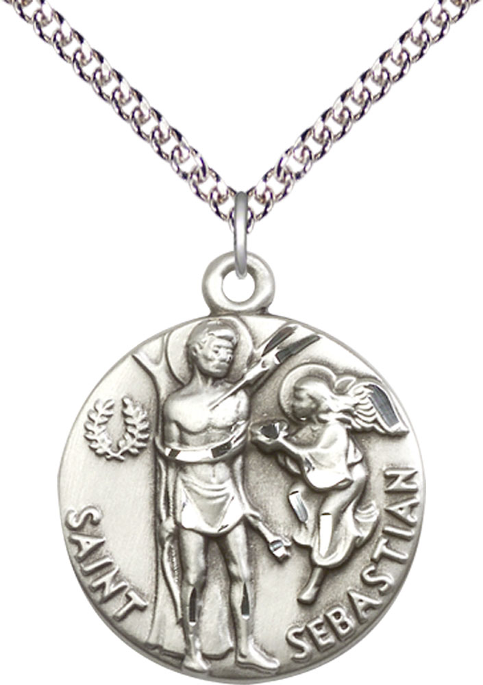Sterling Silver Saint Sebastian Pendant on a 24 inch Sterling Silver Heavy Curb chain